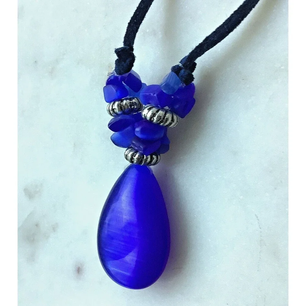 Cobalt Blue Glass Pendant Teardrop Beads Artistic Cord Necklace